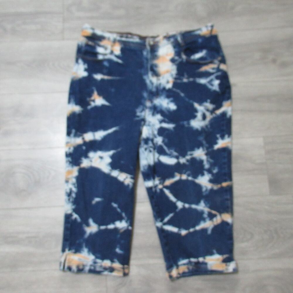 Vtg Revolt Capri Jeans Plus 20 Blue White Orange Tie Dye Stretch Denim Pockets